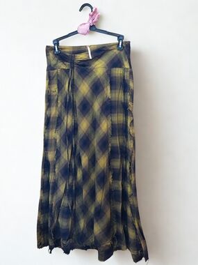 Free People Plaid Long Skirt in Yellow and Black - Women's Flared Skirt